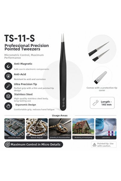 PİYATECH Professional Precision Pointed Tip Stainless Steel Tweezers Anti-Magnetic Electronic and Hobby Tweezers Ts-11-S