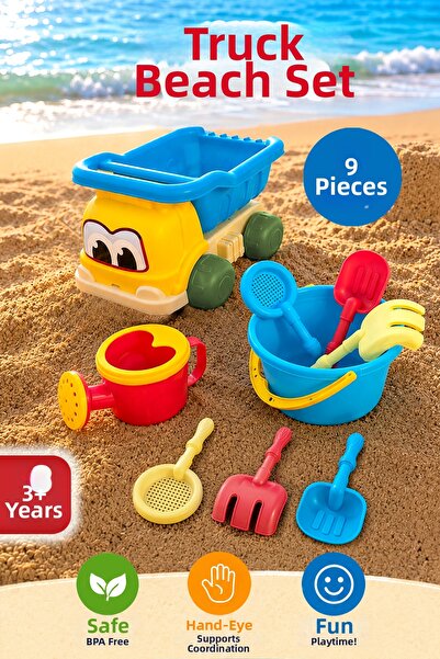 Meleni Toys 9 Piece Beach Set with Truck - Watering Can, Shovel, Rake and Blu...