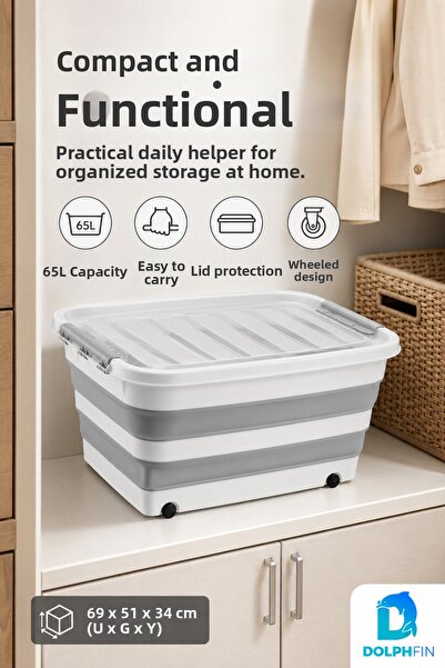DolphFin 65 Lt Wheeled Foldable Storage Container with Lid Home Pantry Food a...