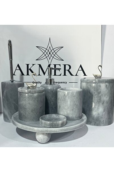 Akmera Home طقم حمام فاخر من الرخام الرمادي مكون من 7 قطع مع قاعدة كروية ⭐
