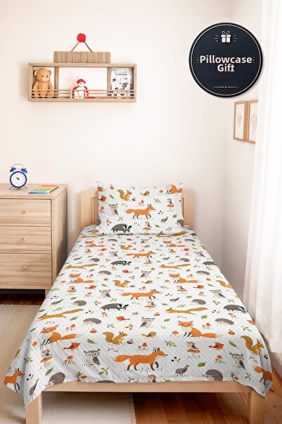 Evimde Bambaşka Orange Forest Animals Children's Room Single Pique Set - Gray...