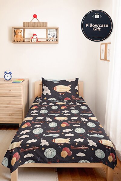 Evimde Bambaşka Airplane Balloon Navy Blue Children's Room Single Pique Set -...