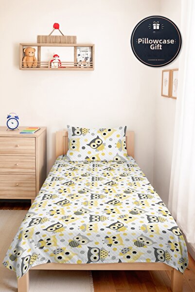 Evimde Bambaşka Yellow Gray Owl Children's Room Single Pique Set-Cute Modern ...
