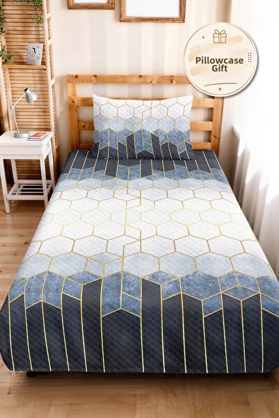 Evimde Bambaşka Blue Geometric Youth Room Single Pique Set - Navy Blue Gold 1...