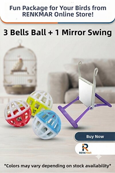 renkmar 3 Bird Balls with Bells and 1 Bird Swing with Mirror - Bird Play Set