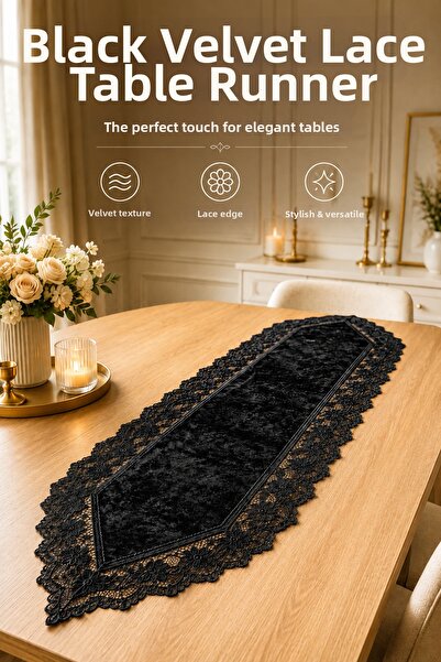 Fabrix Home Black Velvet Lace Detailed Runner Tablecloth Stylish Decorative L...