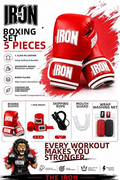 THE IRON 5 Piece Boxing Set - Boxing Gloves + 3.5m Bandage + Jump Rope + Mout...