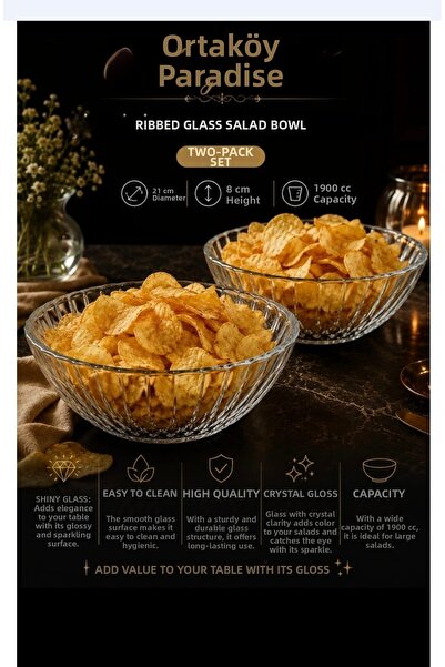 ORTAKÖYCENNETİ Cips Salad Bowl 2-Pack Glass Thick Product 1900 Cc Volume 21 c...