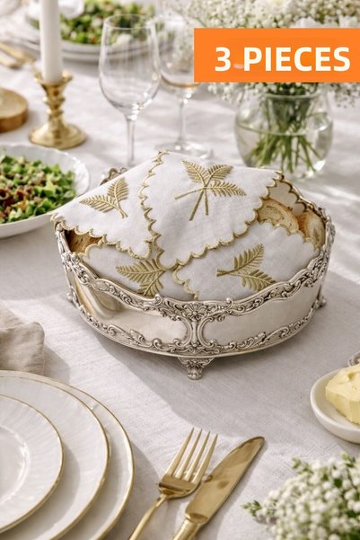 QBR Home Set of 3 Gold Başak Model Embroidered Bread Covers