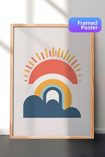 Zestia Pictură murală minimalistă cu ramă din lemn, cu raze de curcubeu și pe...