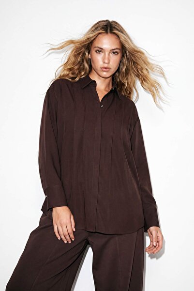 Drop by TrendyolMilla Smeđa rebrasta tunika košulja sa ramena TDRSS26GO00043