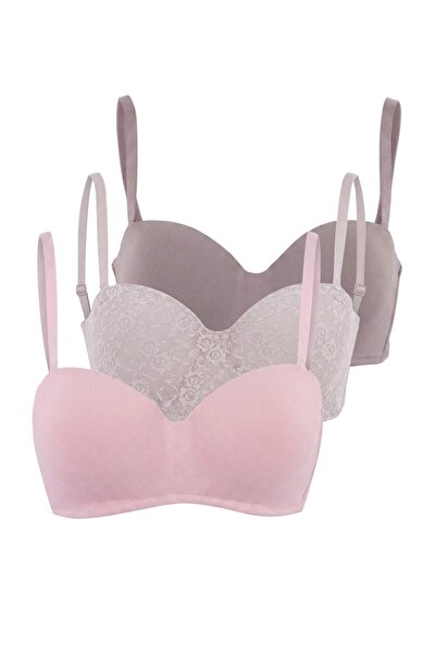 Trendyol Collection Mink-Multicolor 3-Piece Micro Lace Fixed Cup Strapless Br...