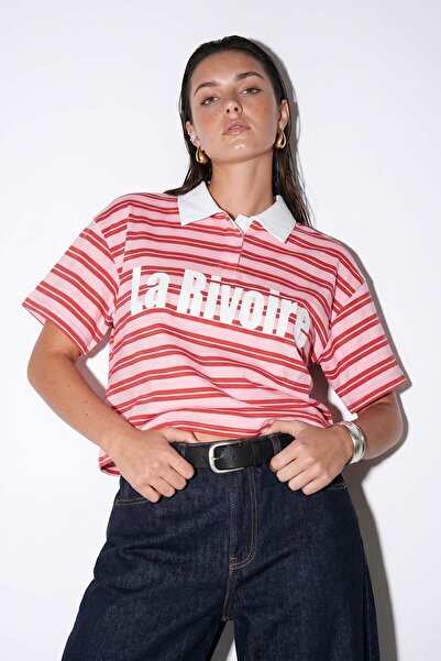Drop by Trendyolmilla Pembe Kırmızı Çizgili Polo Yaka Baskılı T-Shirt TDRSS26TS00027