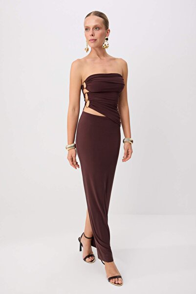 Trendyol Kollektion Braunes, schlicht gewebtes Sandy Maxi-Abendkleid & Abschl...