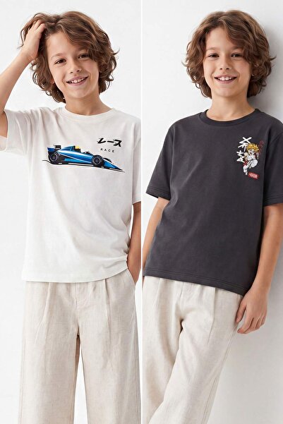 TRENDYOLKIDS Antracit-bela dvodijelna pletena majica sa sloganom TKDSS26TS00026
