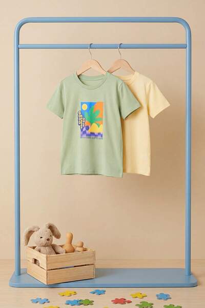 TRENDYOLKIDS Tricou tricotat cu slogan galben-verde TKDSS25TS00016