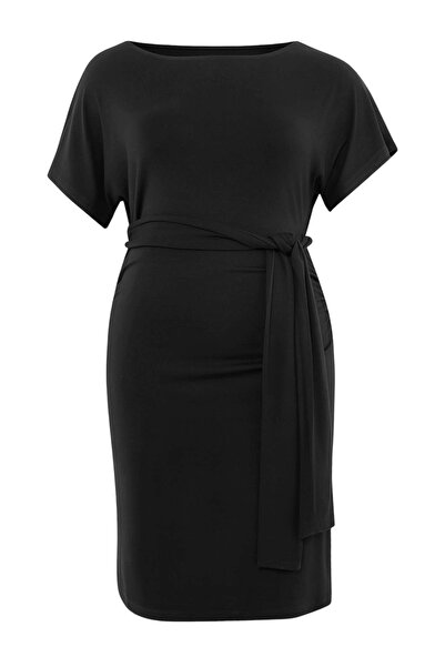 Trendyol Curve Black Bodycon Asymmetrical Collar Tie Detail Short Soft Knitte...