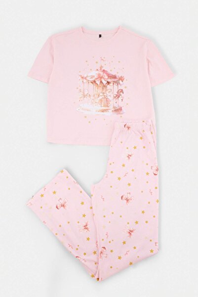 Trendyol Collection Pink 100% Cotton Printed Single Jersey Knitted Pajamas Se...
