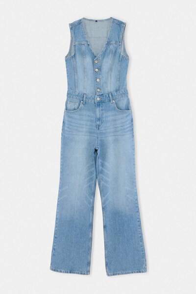 Trendyol Collection Blue 100% Cotton Button Detailed Denim Jumpsuit Twoaw27Tu...