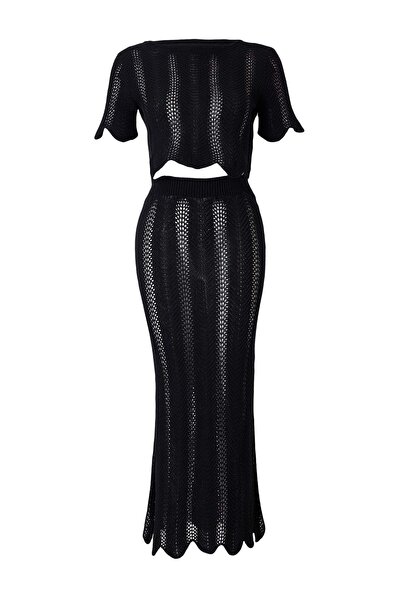 Trendyol Collection Black Knitwear Openwork Maxi Beach Blouse Skirt Set Tbess...