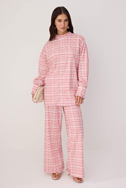 Trendyol Modest Pink Oversize Poplin Plaid Bottom - Top Set Tctss26Us00084