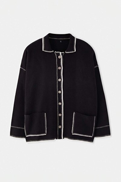 Trendyol Curve Black Polo Collar Embroidered Knitwear Cardigan Tbbaw26Av00021