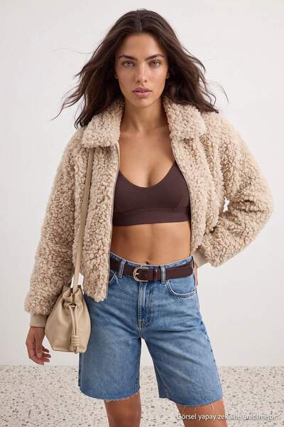 Trendyol Collection Beige Oversize Plush Fur Bomber Coat with Elastic Waist T...