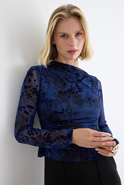 Trendyol Collection Navy Blue Floral Fitted High Neck Standard Sleeve Long Re...