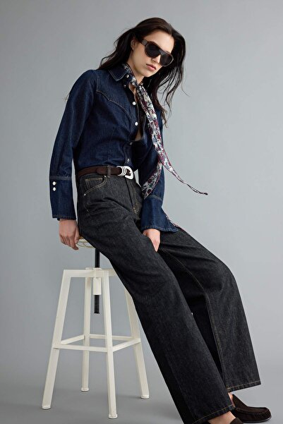 Trendyol Collection بنطلون جينز أسود 100% قطن خام بخصر عادي وأرجل واسعة TWOAW...
