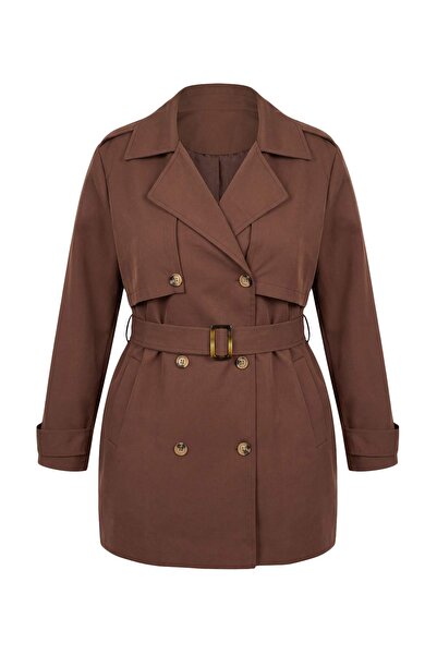 Trendyol Curve Brauner Oversize-Fit-Trenchcoat aus technischem Stoff mit Gürt...