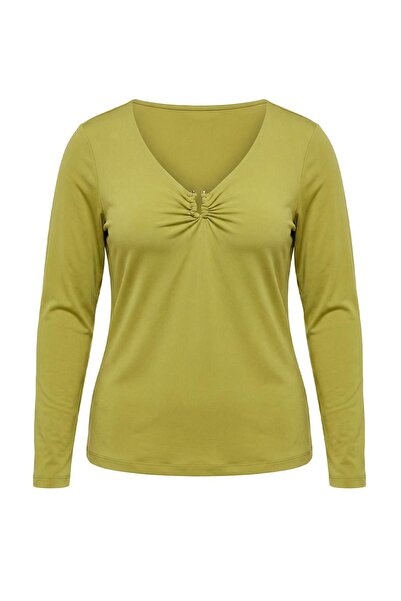 Trendyol Curve Oil Green V-Neck Sandy Knitted Plus Size Blouse Tbbaw24Af00030