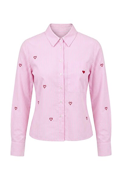Trendyol Collection Pink Striped Heart Embroidered Shirt Twoaw27Go00036