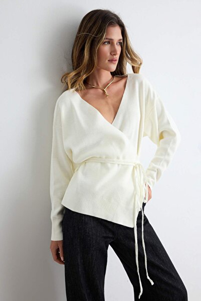 Trendyol Collection Ecru Double-Breasted Collar Tie Detail Knitwear Cardigan ...