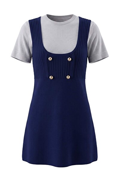 Trendyol Collection فستان تريكو قصير مفصل باللون الأزرق الداكن من United Knit...
