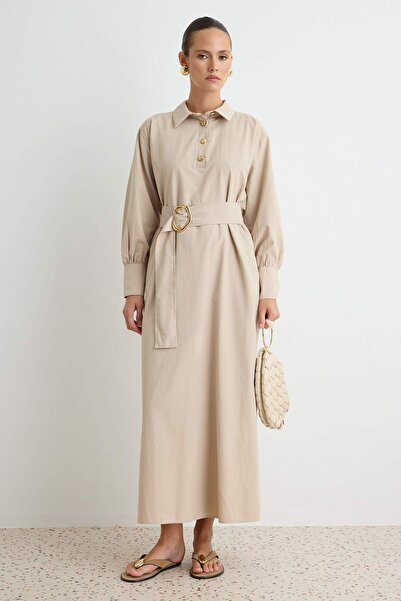 Trendyol Modest Stone Gold Accessory Detailed Cut-Out Waist Maxi Belted Cotto...