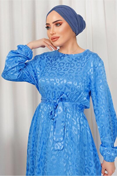 TRENDTESETTÜR KADIN MAVİ LEOPAR DESENLİ KUŞAKLI SATEN ELBİSE T 0703