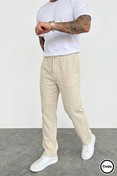 Cuqq Denim Pantaloni de vară pentru bărbați, bej, din amestec de in, cu croia...