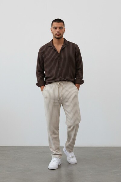 Altamira Men's Brown-Beige Zr Crepe Long Sleeve Shirt Pants Tracksuit Set