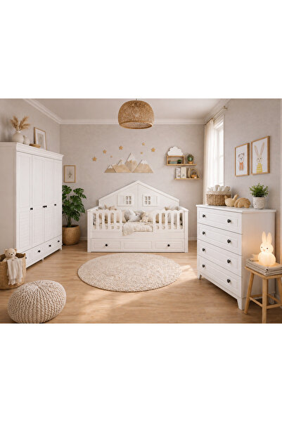 Koza %100 MDF Stella Beyaz Mega Duvar Çatılı Bebek&çocuk Odası Takımı