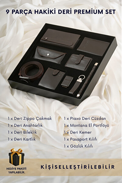 CüzCan 9 Parça Hakiki Deri Kahverengi Premium Kişiye Özel Erkek Hediye Seti -...