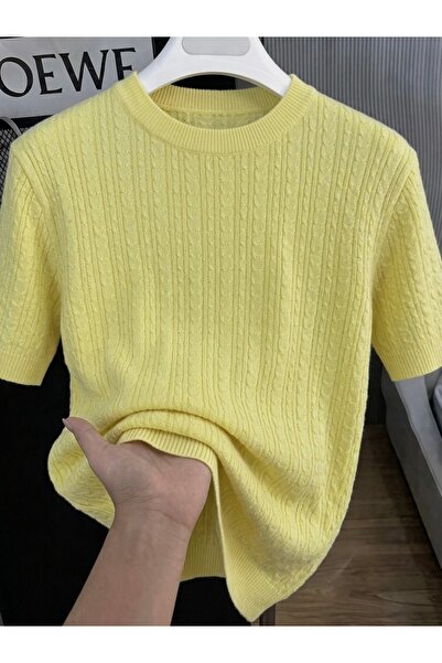 ModaYaren Tricou tricotat cu mânecă scurtă, galben, cu textură moale și guler...