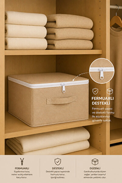 EVELLA HOME Bej Destekli Fermuarlı Hurç Saklama Kutusu 35x42x23 cm Dolap İçi ...