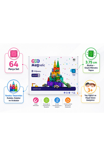 BESTTOYS Eğitici oyuncak serisi manyetik bloklar 64 parçalı 3.75cm mini magne...