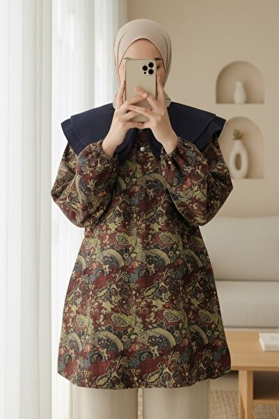 Modamorfo Apron Collar Half Buttoned Slit Quilted Tunic -Khaki