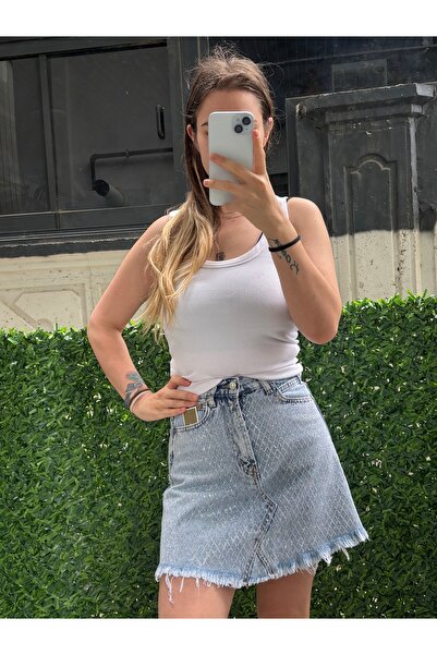 ELA Mini Baklava Desen Taşlı Parıltılı Denim Mini Etek