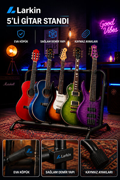 Larkin GS500 Dayanıklı ve Sağlam 5'li (Beşli) Çoklu Gitar Standı (Tüm Gitarla...