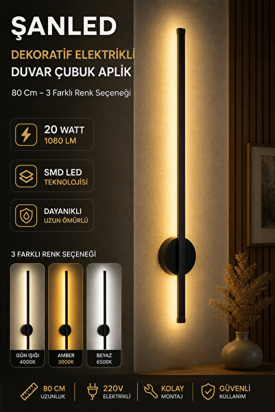 ŞANLED Dekoratif 20W İç Mekan Siyah Kasa 3 Renkli Işık Elektrikli 80 cm Duvar...