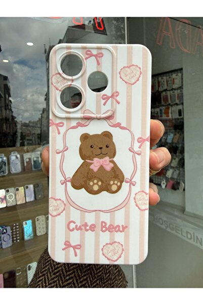 OVADA Redmi 13 Uyumlu Ayıcık Ve Kurdele Desenli Silikon Telefon Kılıfı