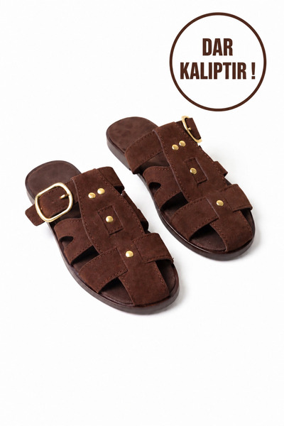 FootFrenzy Γυναικείες παντόφλες Loren Bitter Brown Suede με χρυσή λεπτομέρεια...