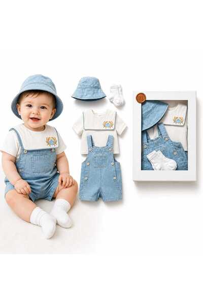 LİLİYUM Baby Denim Overalls Set - Sailor Collar T-Shirt with Crab Embroidery,...